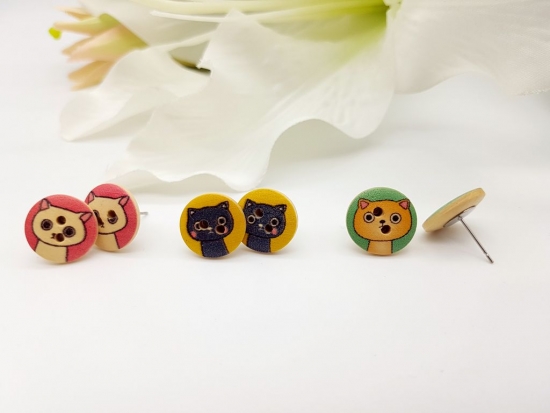 Preview: Katzen Knopf Ohrstecker Holz Button